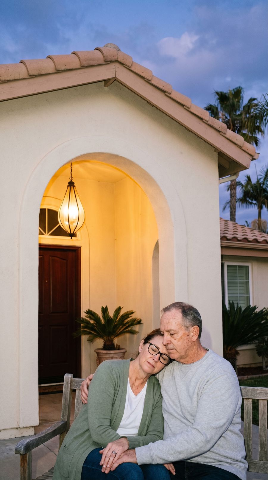 An older couple resting close together under the lit arch of their home at dusk