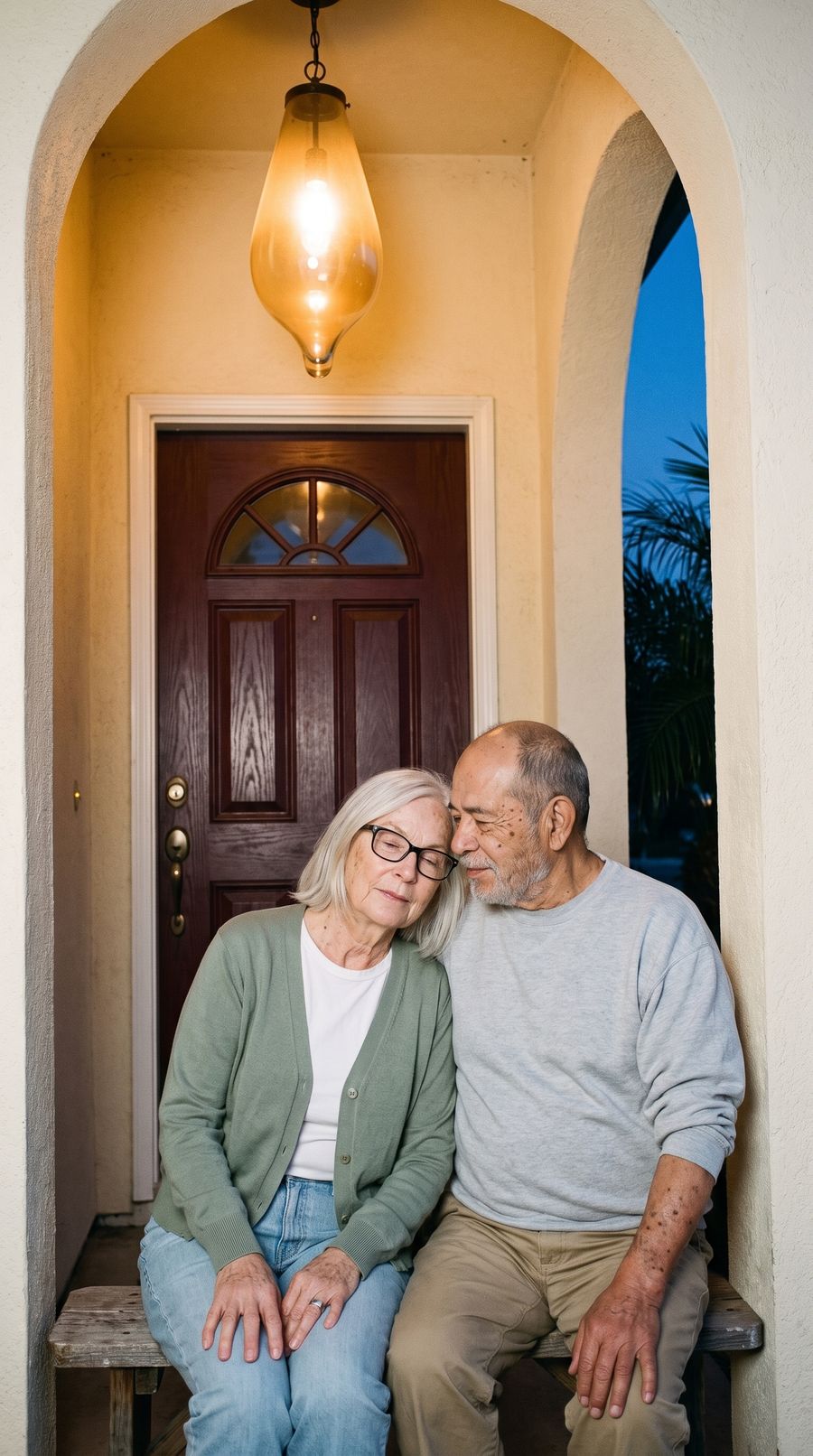 An older couple sitting close together under the porch light of their home