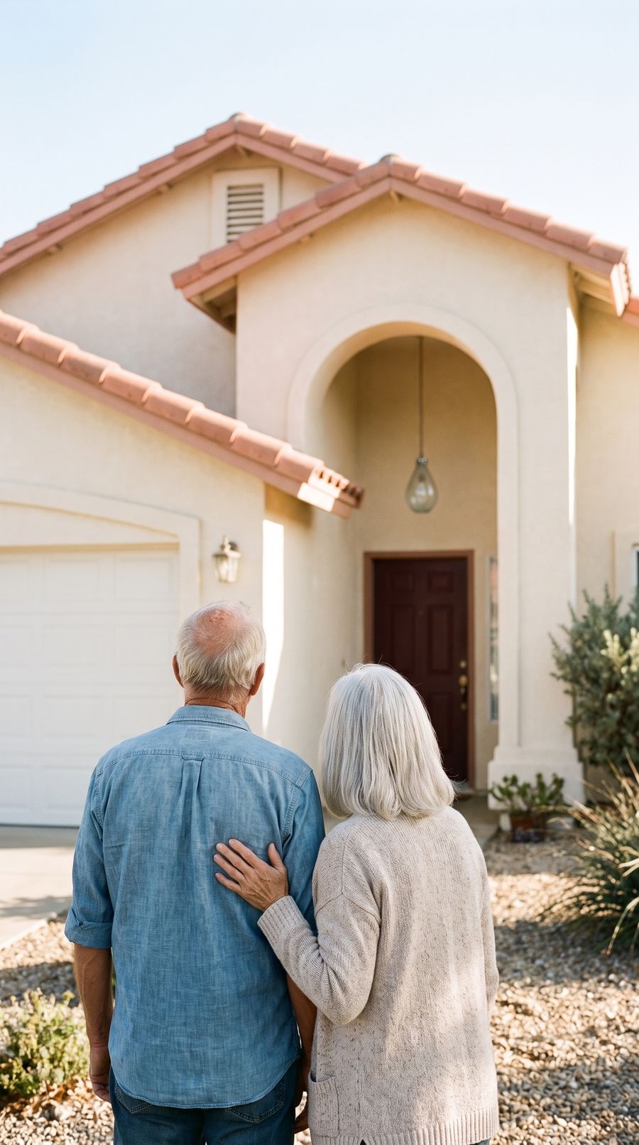 An older couple looking up at their home