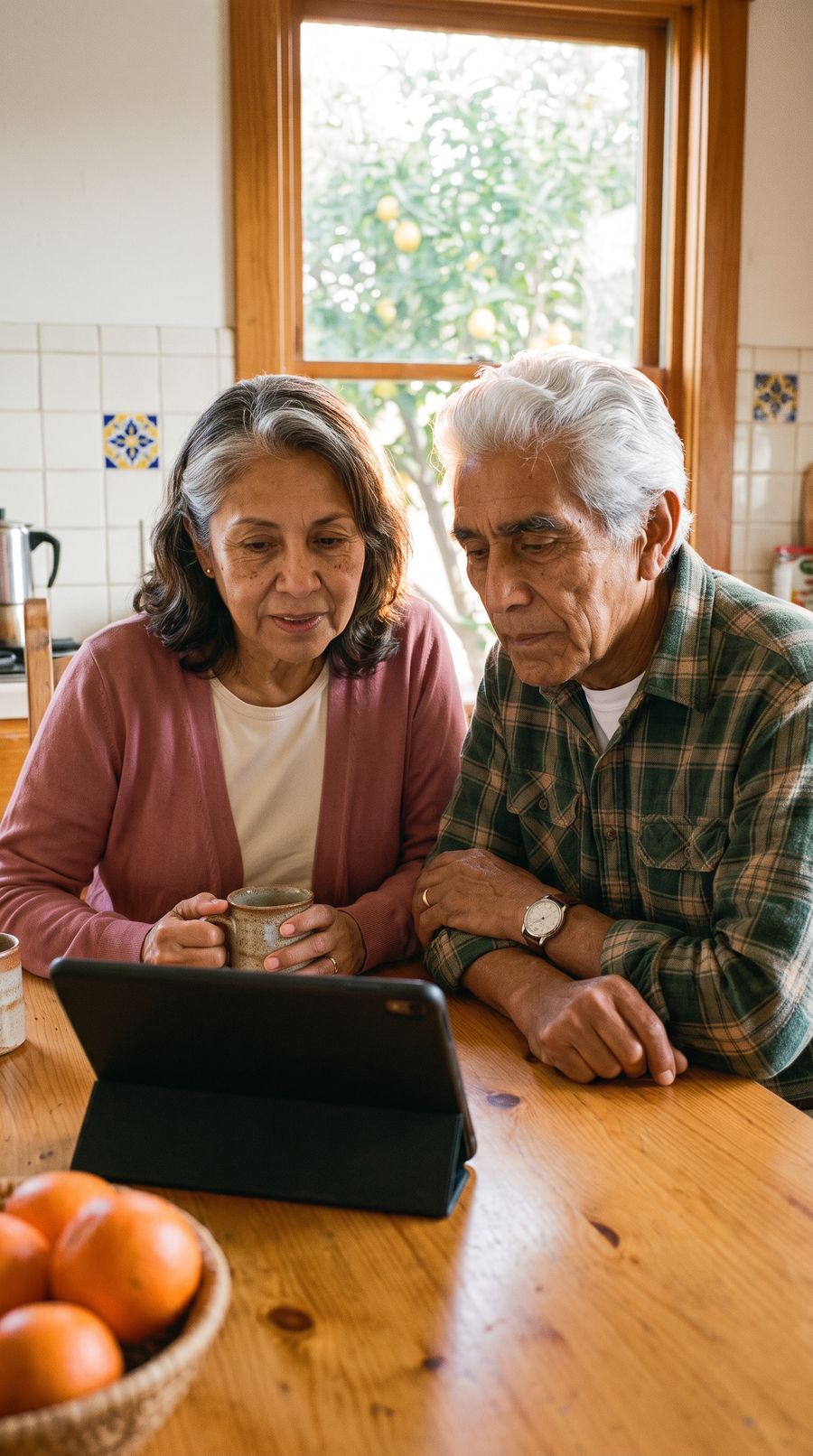 An older couple answering questions on a tablet at their kitchen table