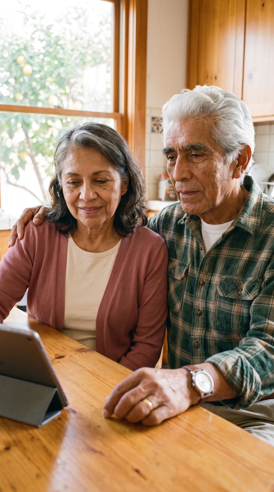 An older couple looking at a tablet together