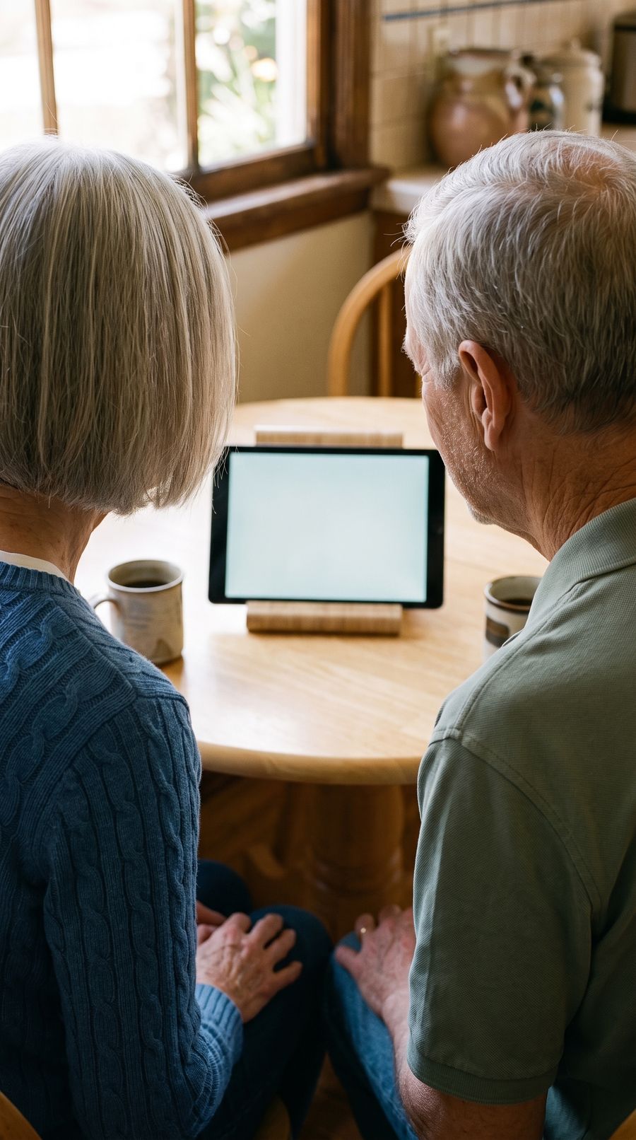 An older couple looking at a tablet together at a round table