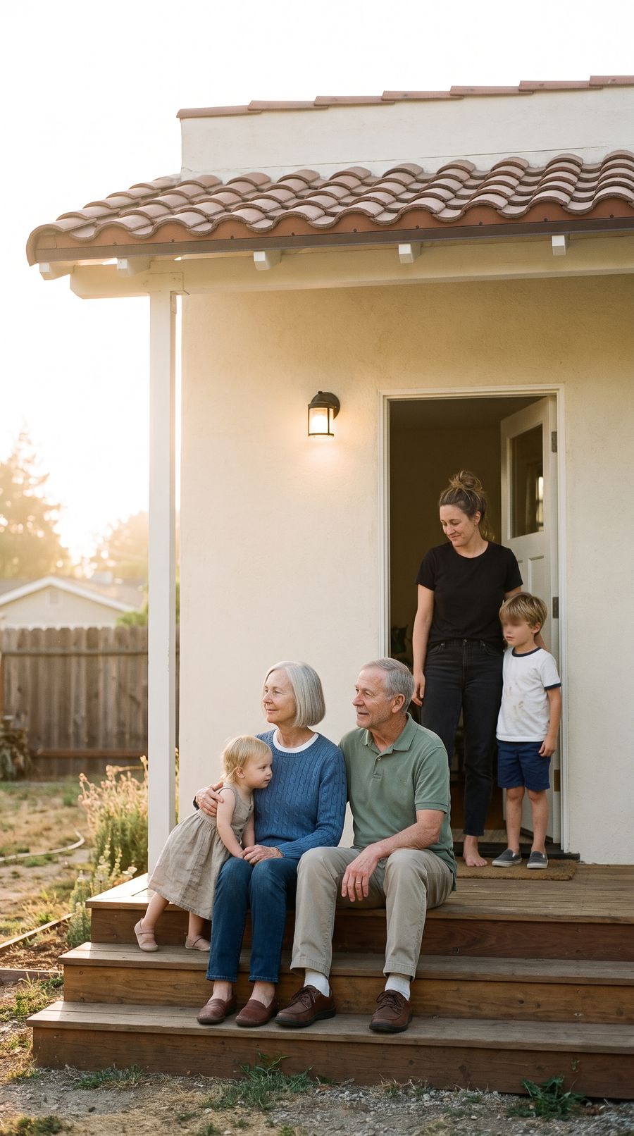Grandparents with their grandkids on the porch of a new backyard casita