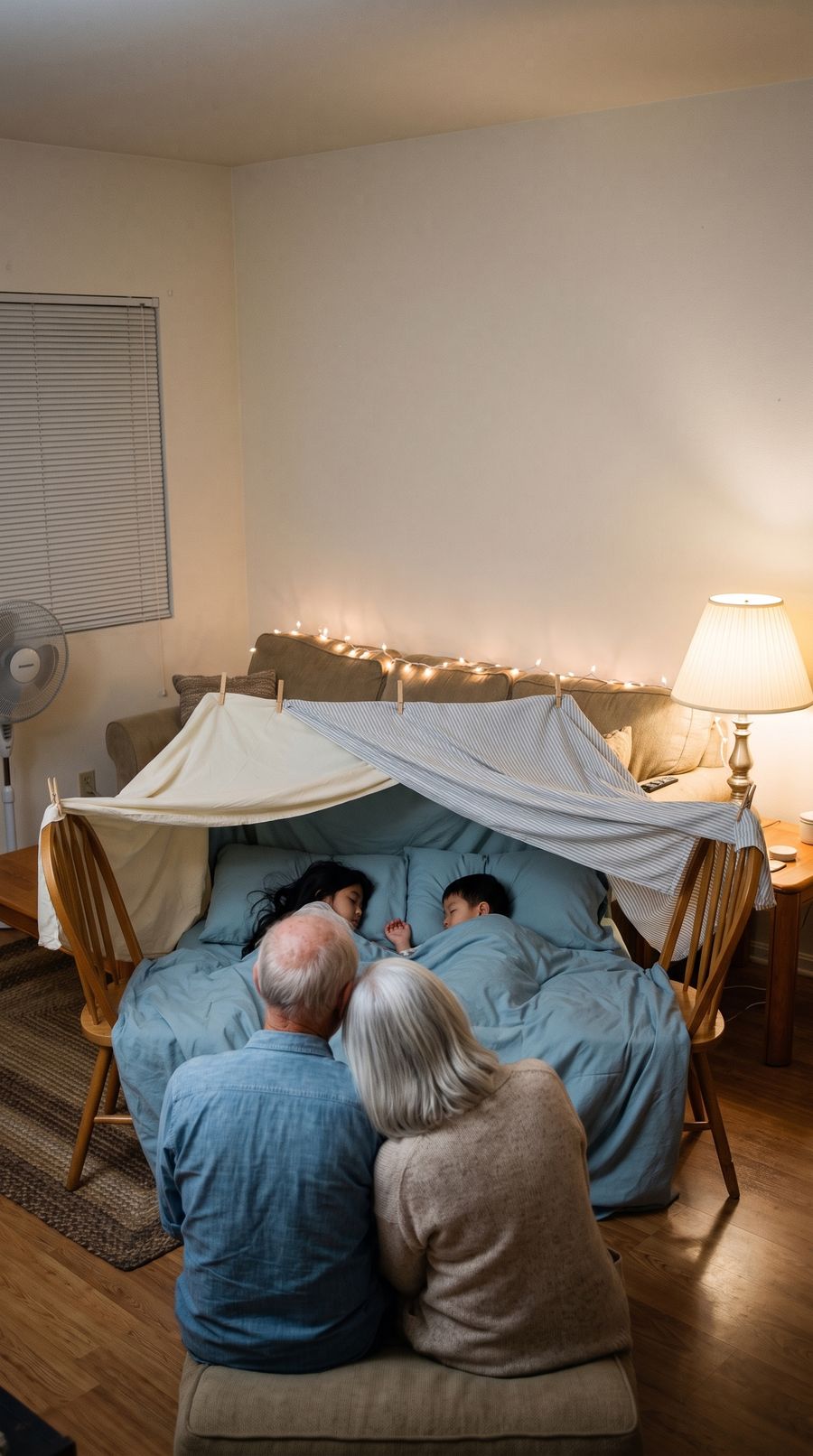 Grandparents watching their grandkids sleep in a blanket fort