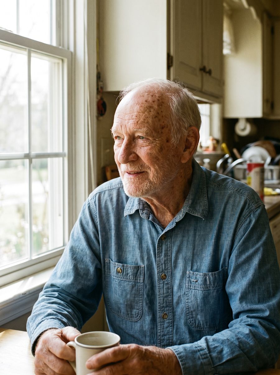 An older man smiling with his morning coffee