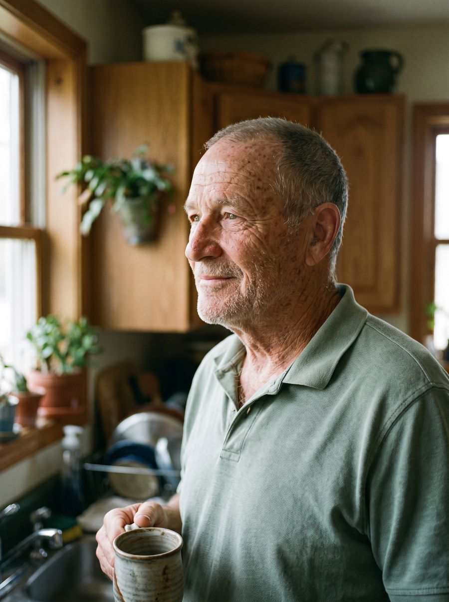An older man smiling in his kitchen