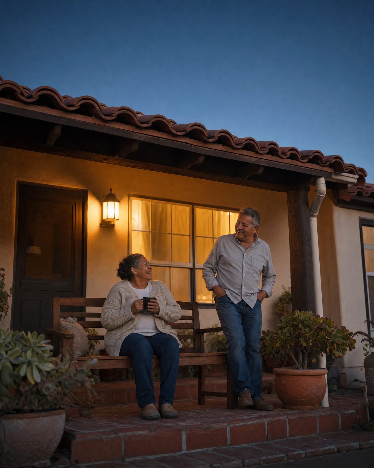 An older couple on their porch at dusk
