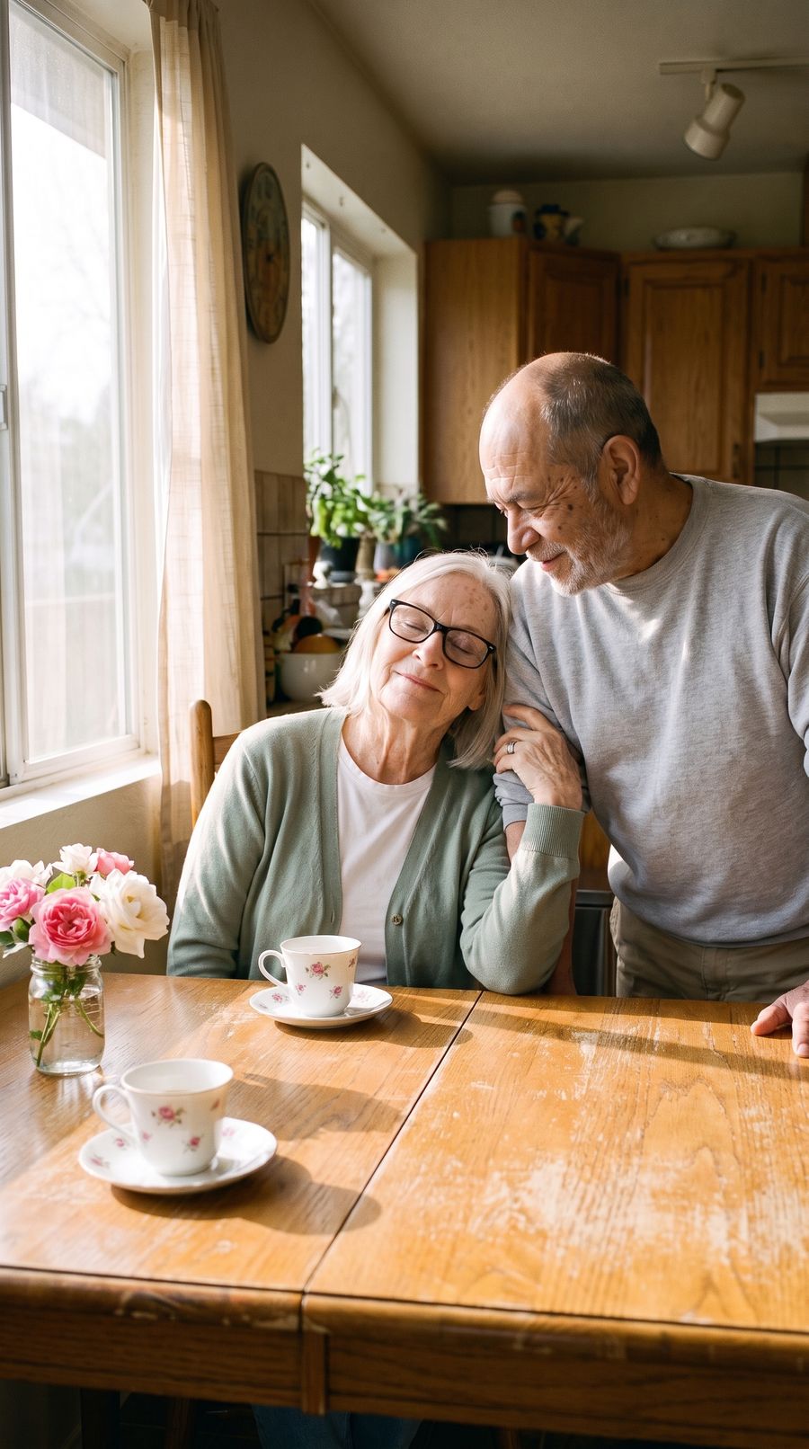An older couple relaxed and close at a sunny kitchen table