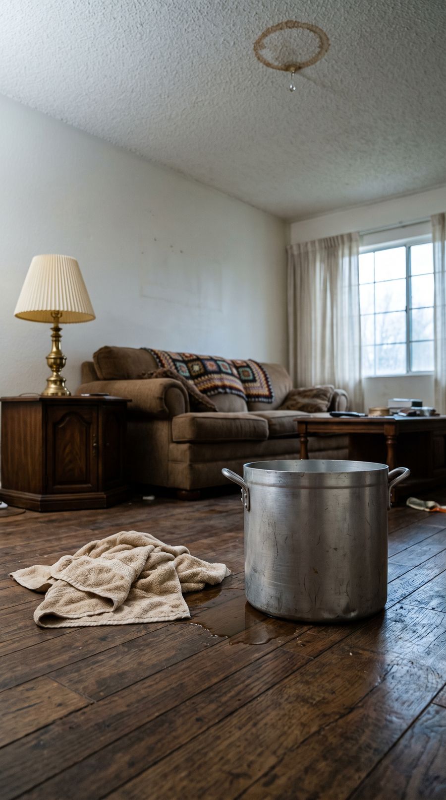 A living room with a ceiling leak stain and a pot on the floor catching water
