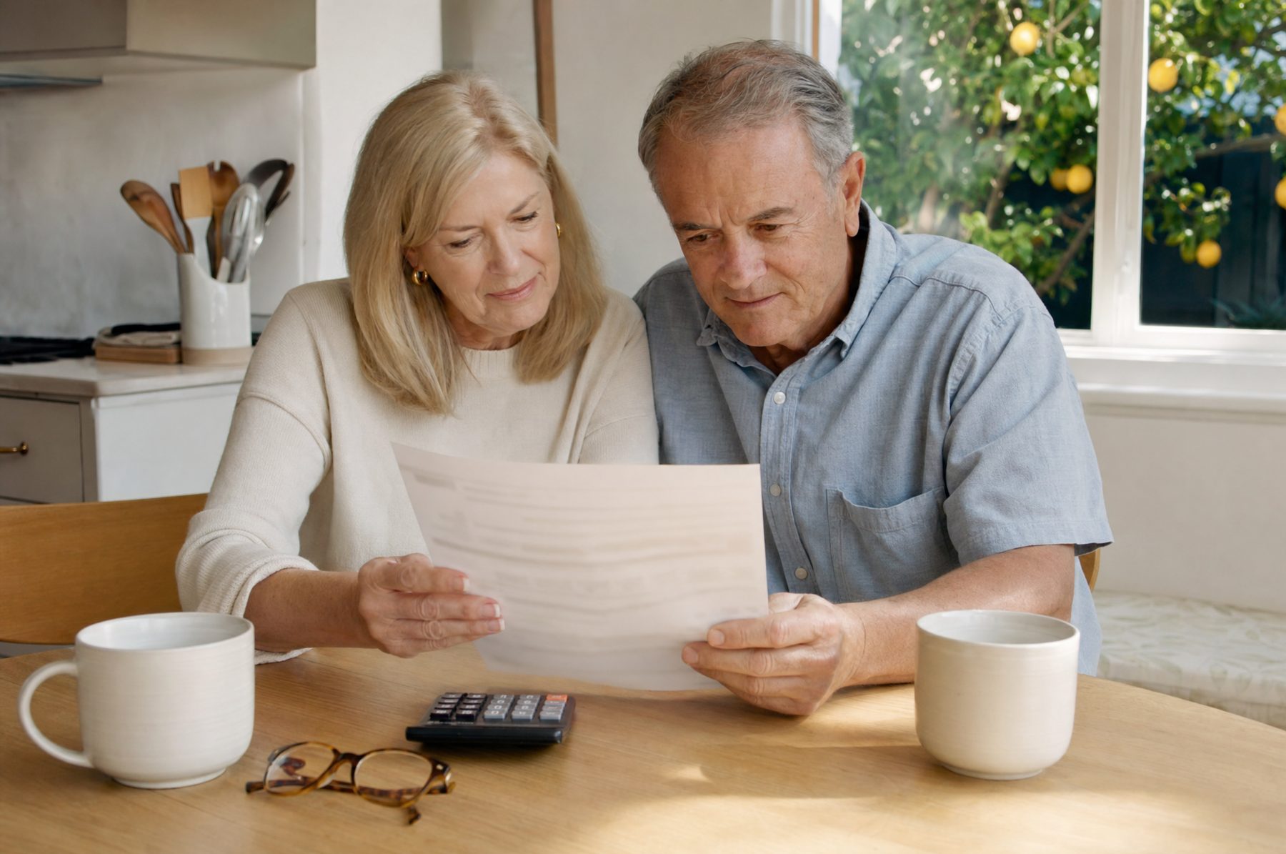 An older couple reading a paper together at the kitchen table