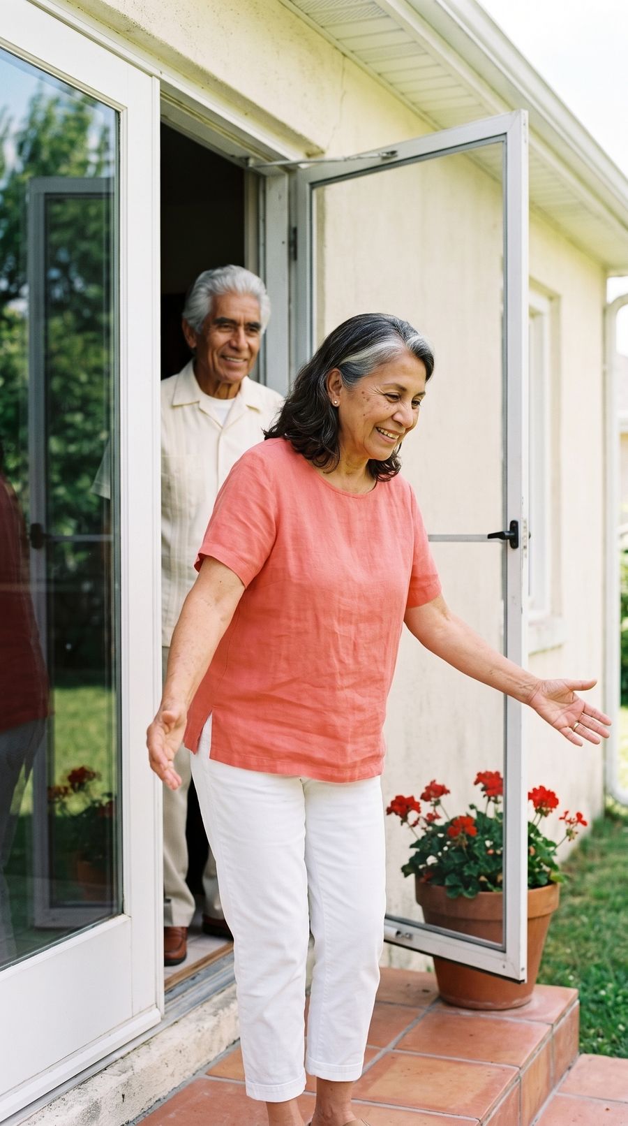 An older woman opens her front door to welcome family