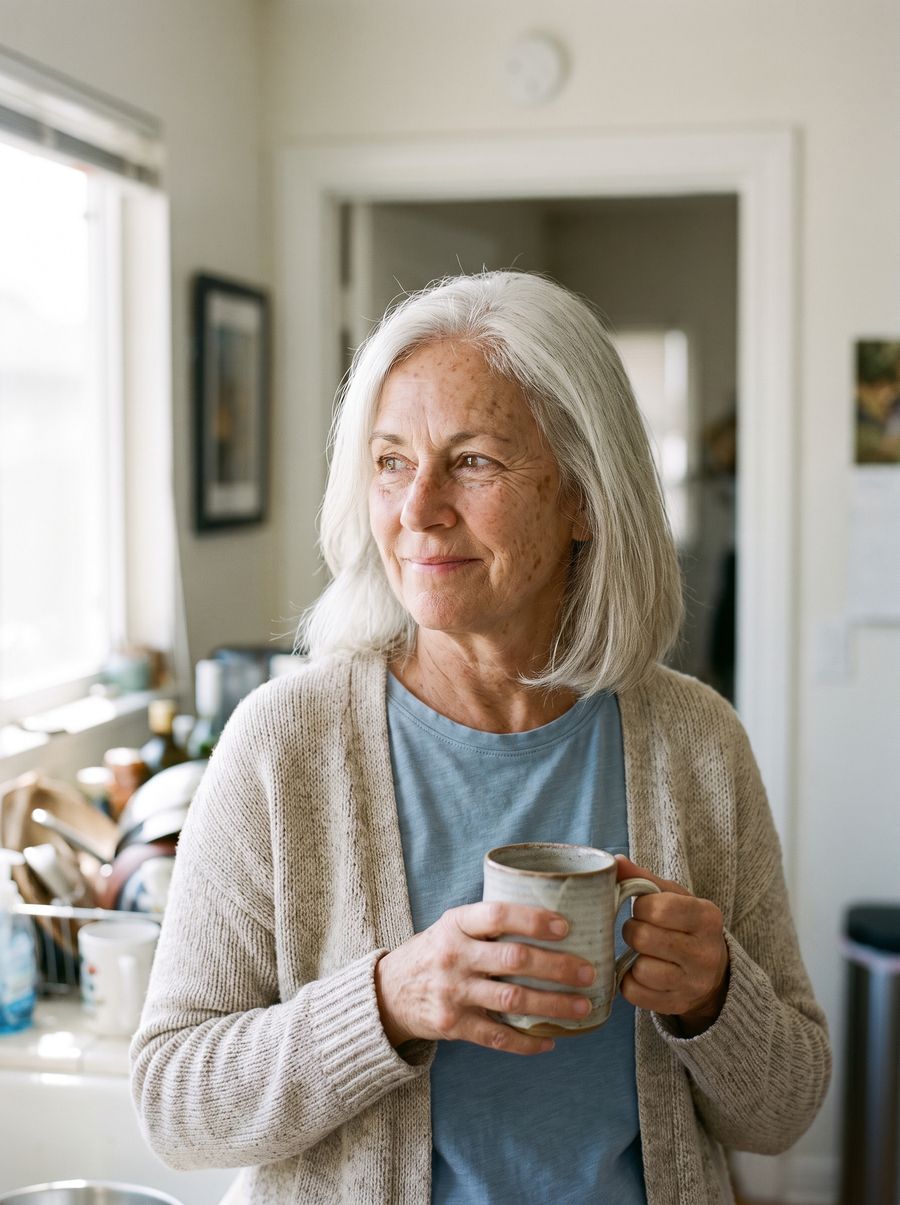 An older woman smiling with a cup of coffee in her kitchen