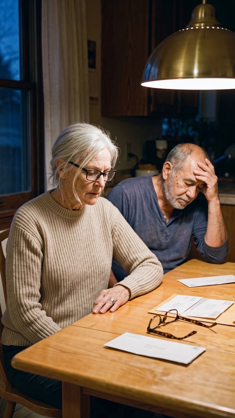 An older couple worried over bills at the kitchen table at night
